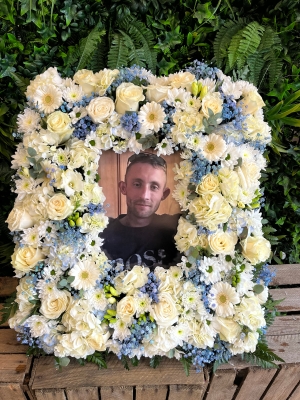 Blue and white photo frame