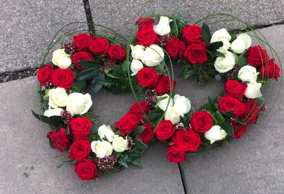double heart red and white roses